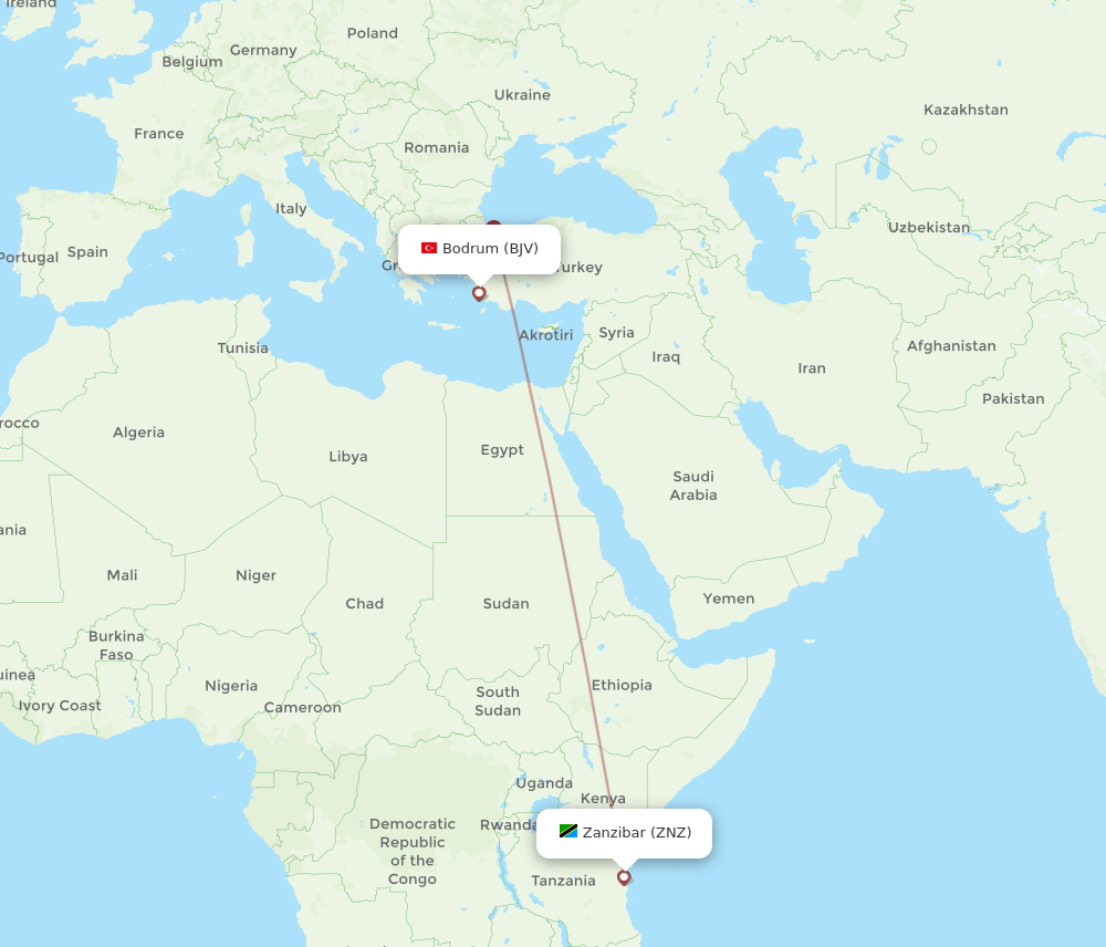 Zanzibar - Bodrum route map and flight paths