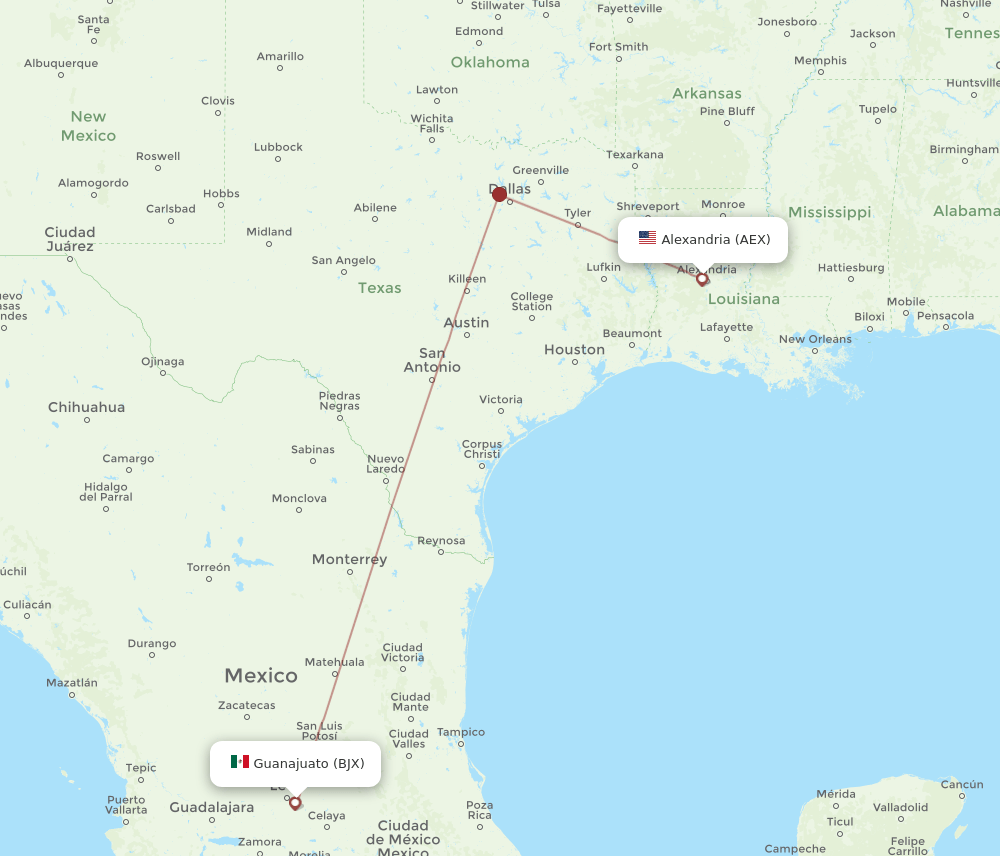 BJX-AEX flight routes