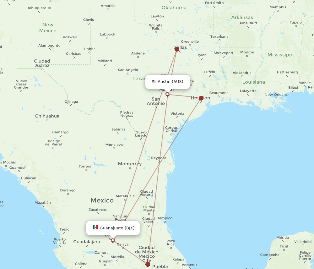 BJX to AUS flights and routes map