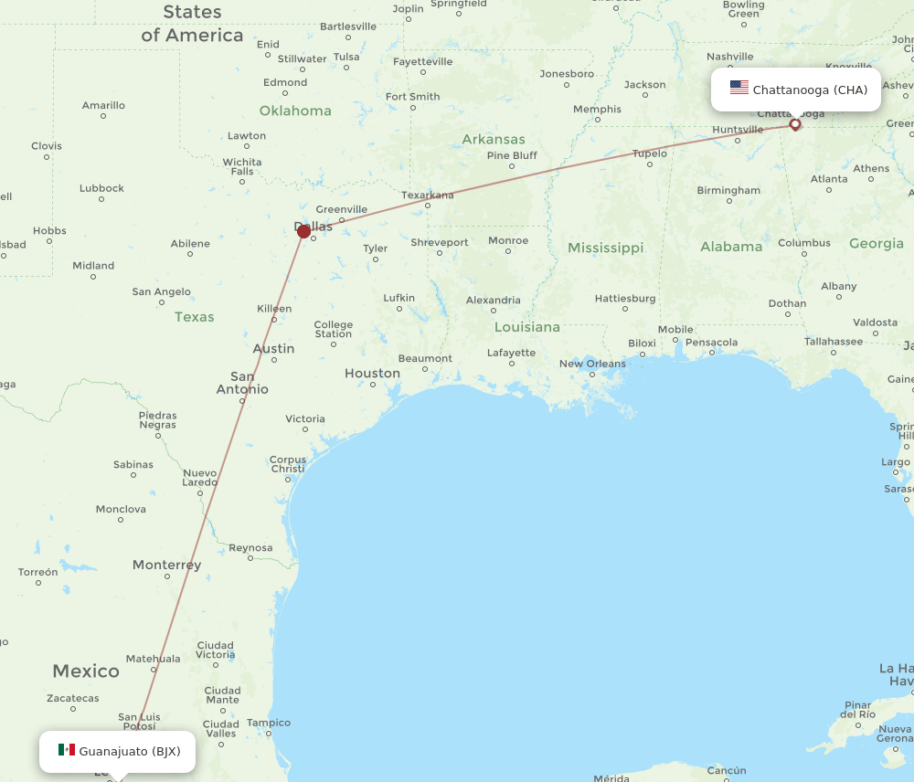 BJX to CHA flights and routes map