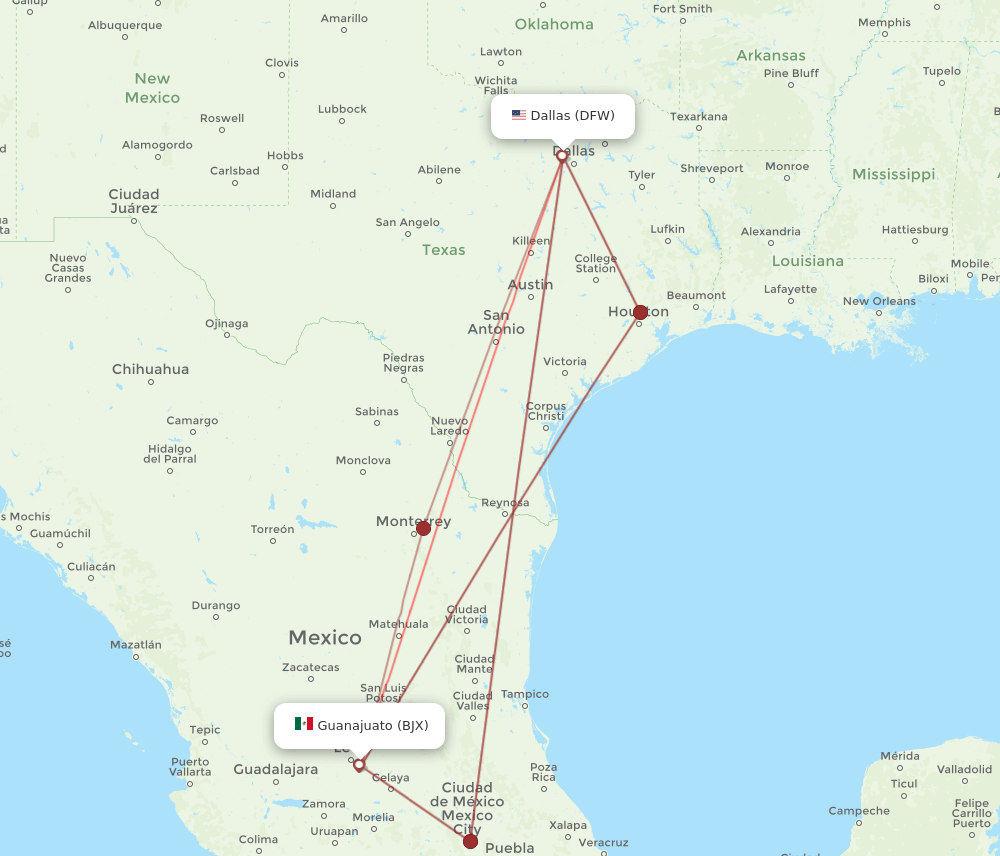 BJX-DFW flight routes