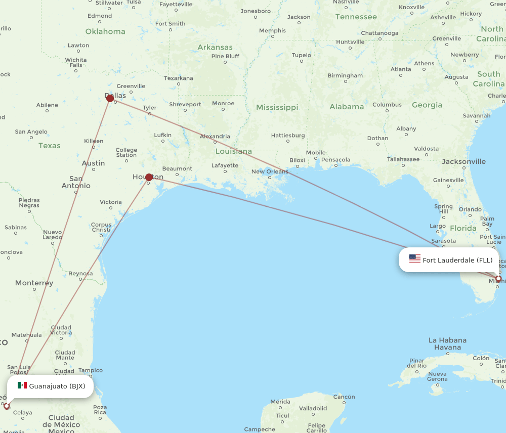 BJX to FLL flights and routes map