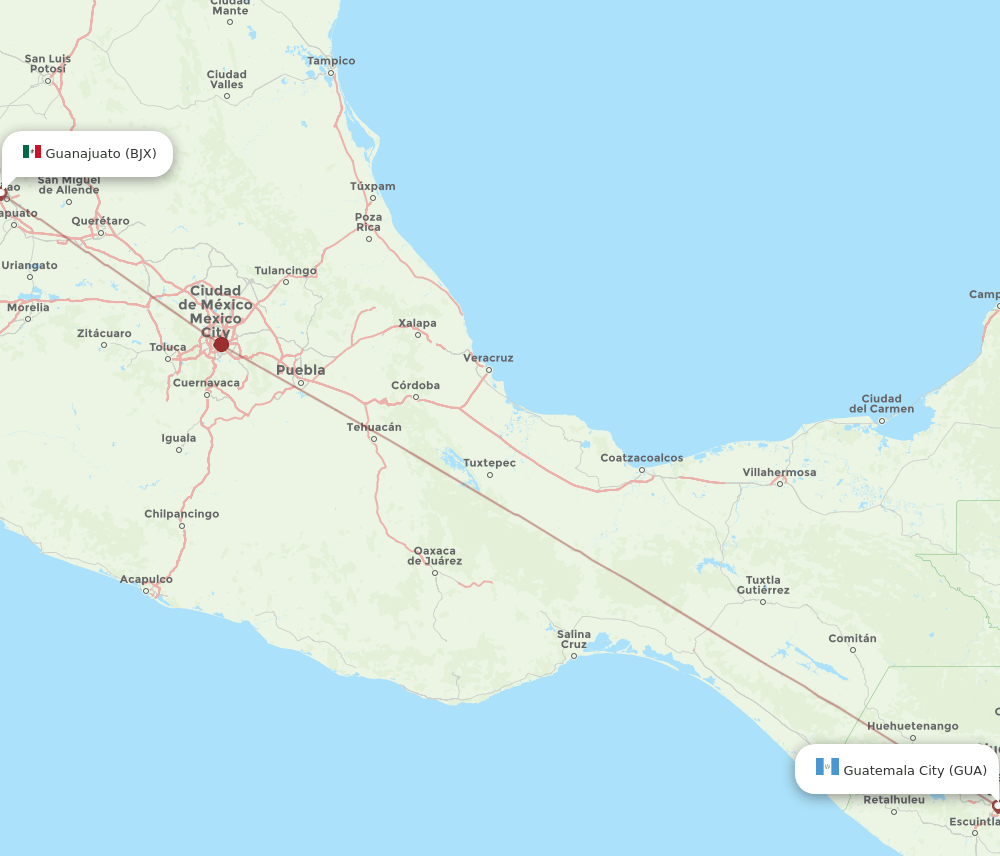 BJX to GUA flights and routes map