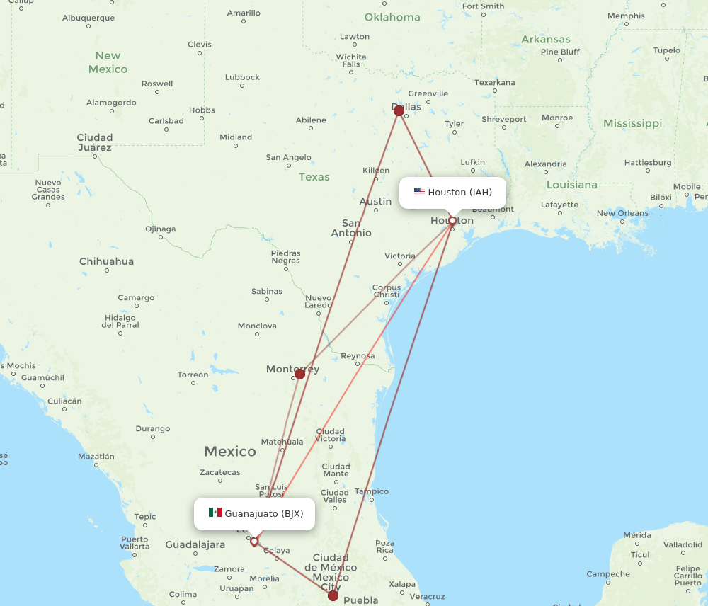BJX to IAH flights and routes map
