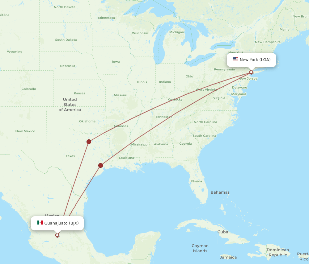 BJX to LGA flights and routes map