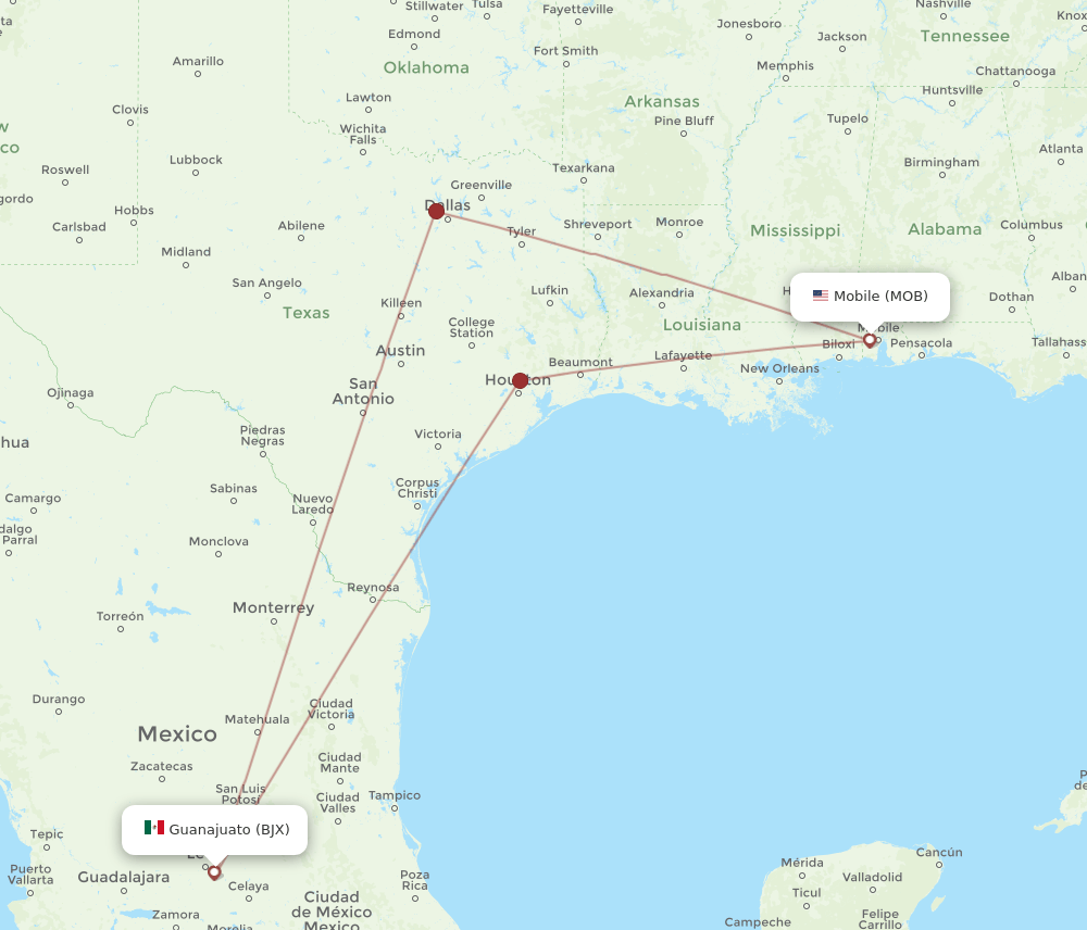 BJX to MOB flights and routes map