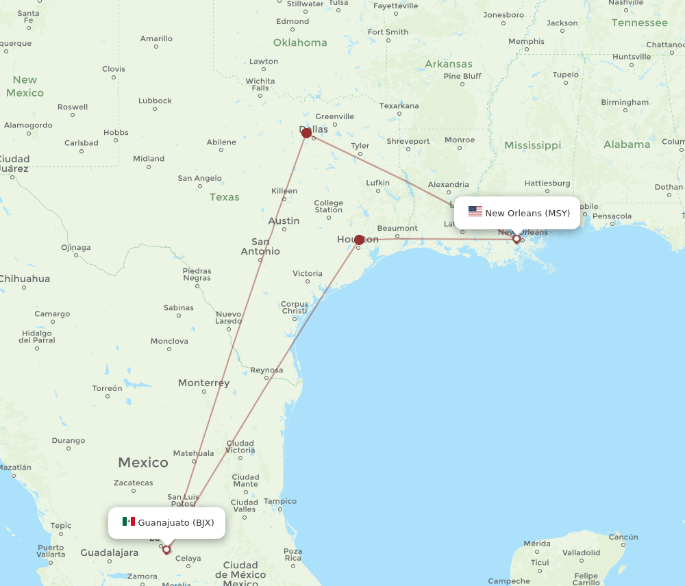 BJX-MSY flight routes