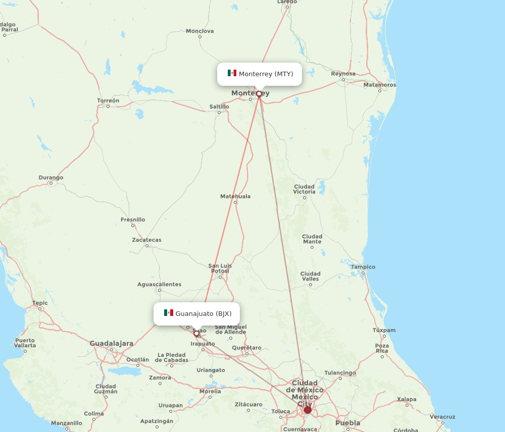 BJX to MTY flights and routes map