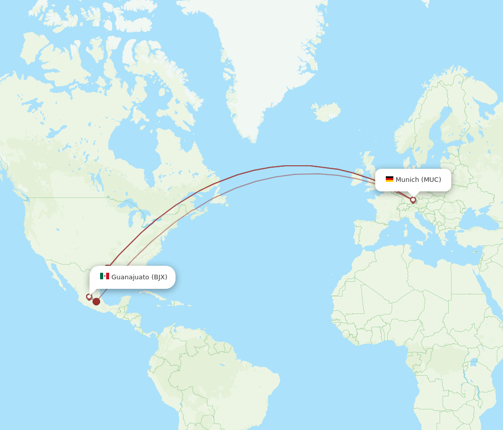 Munich - Leon/Guanajuato route map and flight paths