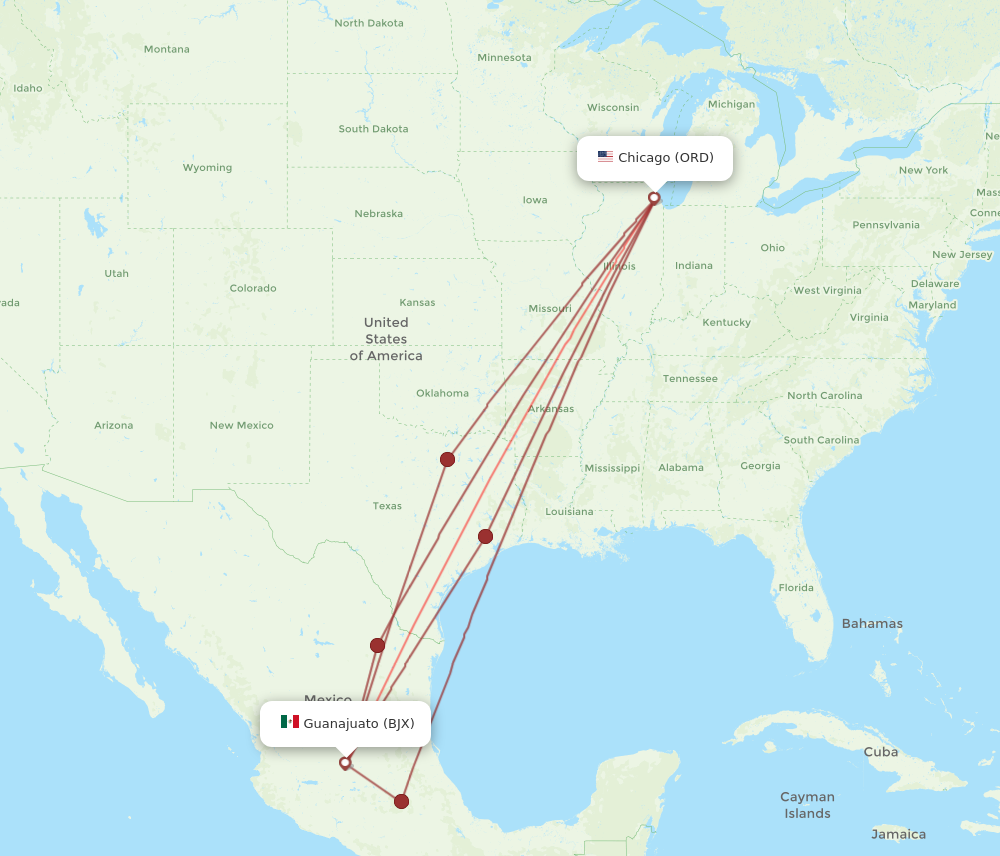 BJX to ORD flights and routes map