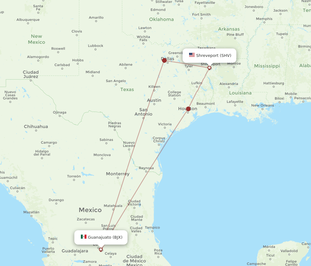 BJX-SHV flight routes