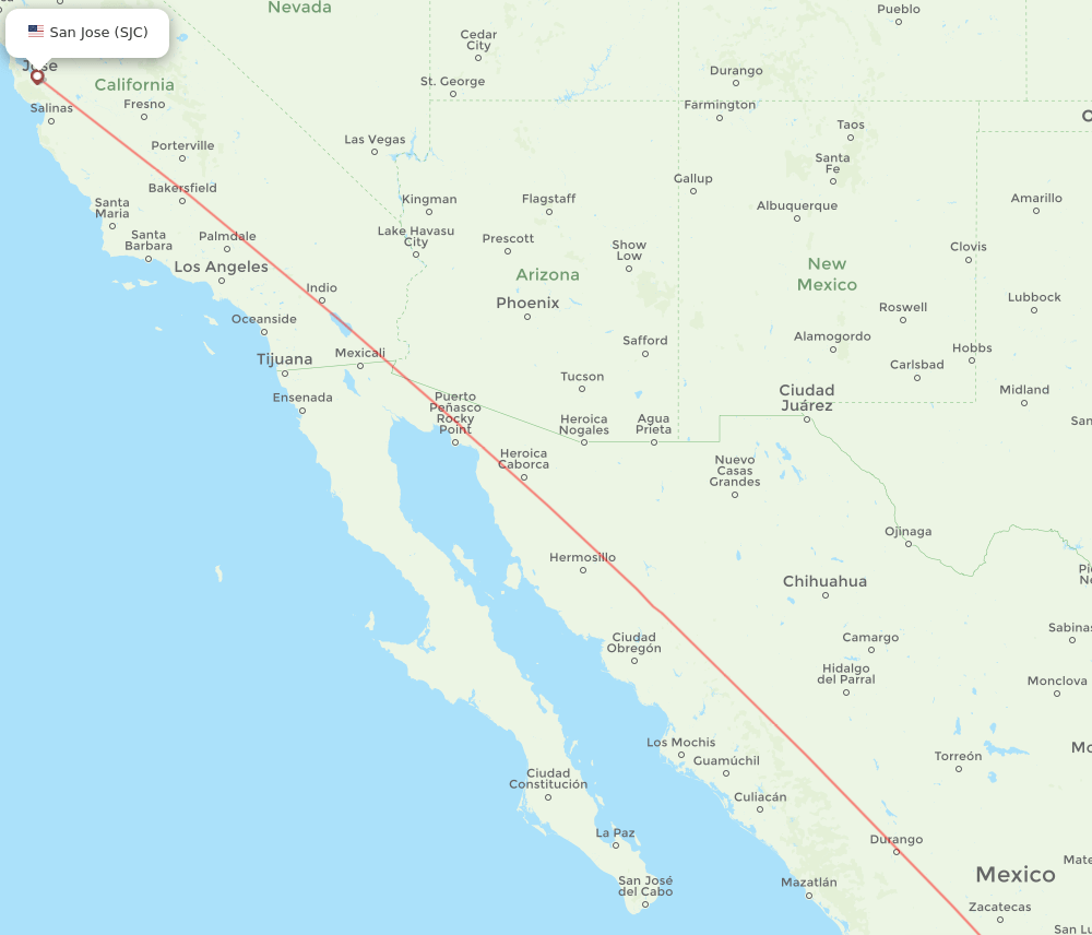 Leon/Guanajuato - San Jose route map and flight paths