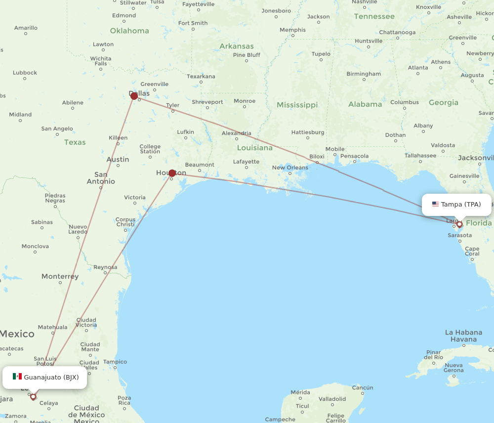 BJX to TPA flights and routes map
