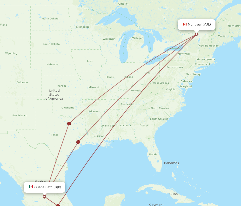 BJX to YUL flights and routes map