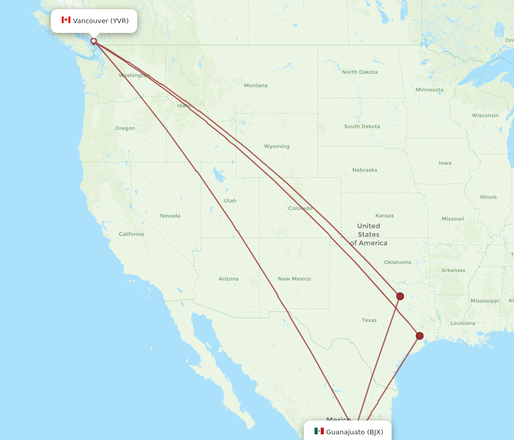 YVR to BJX flights and routes map