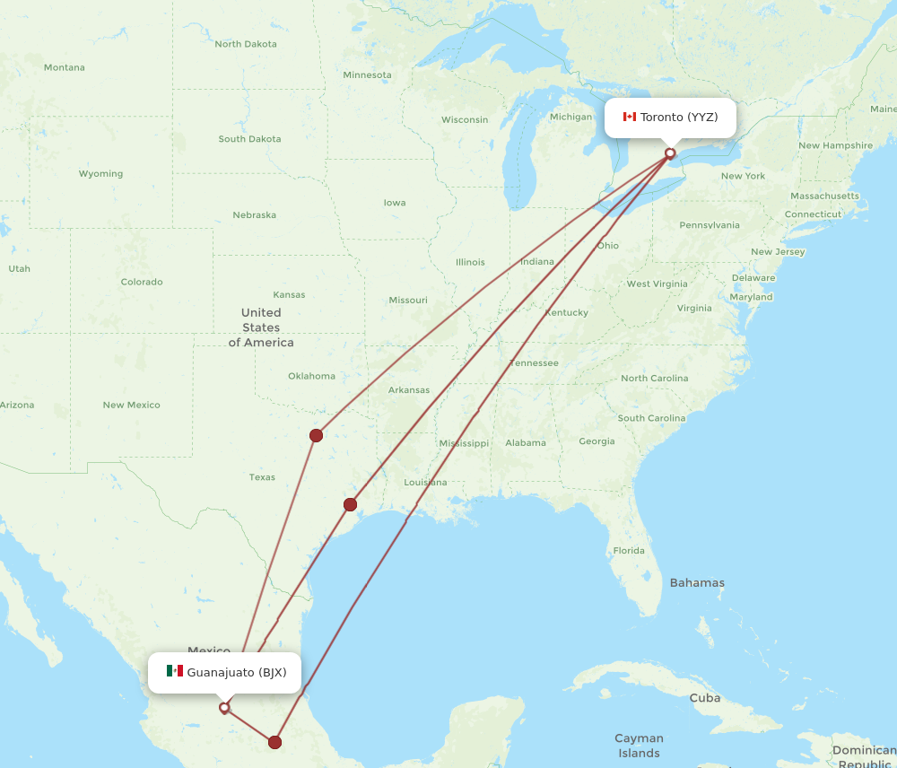 YYZ to BJX flights and routes map