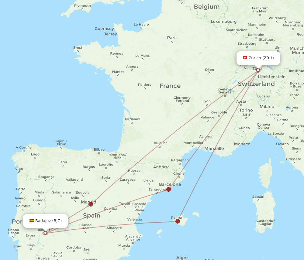 BJZ to ZRH flights and routes map