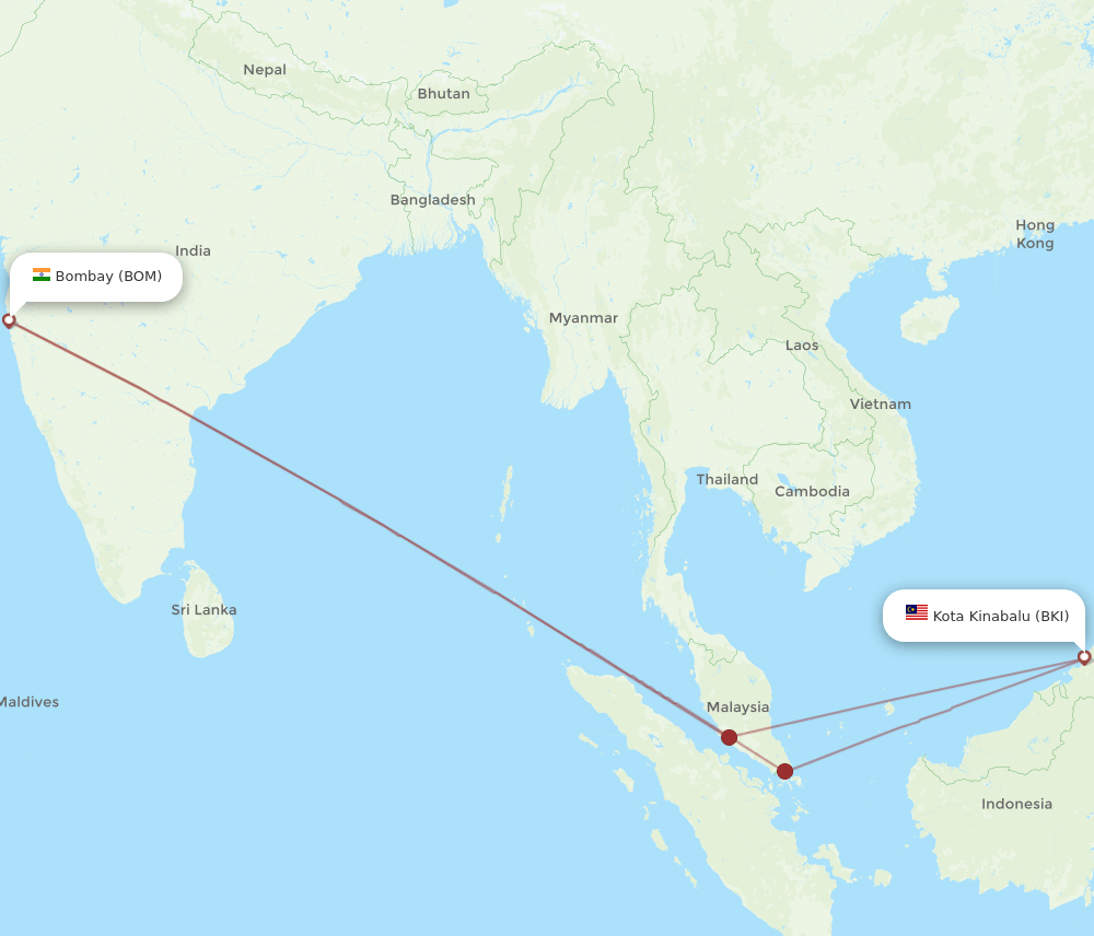 BKI-BOM flight routes