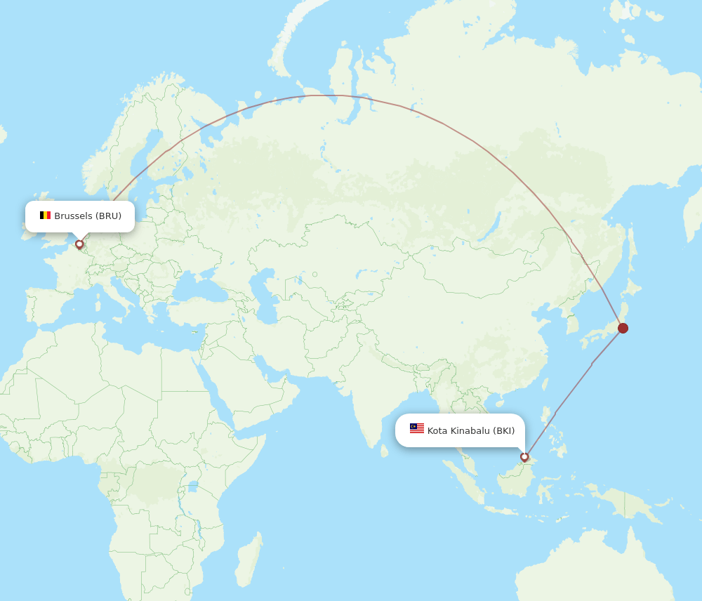 Brussels - Kota Kinabalu route map and flight paths