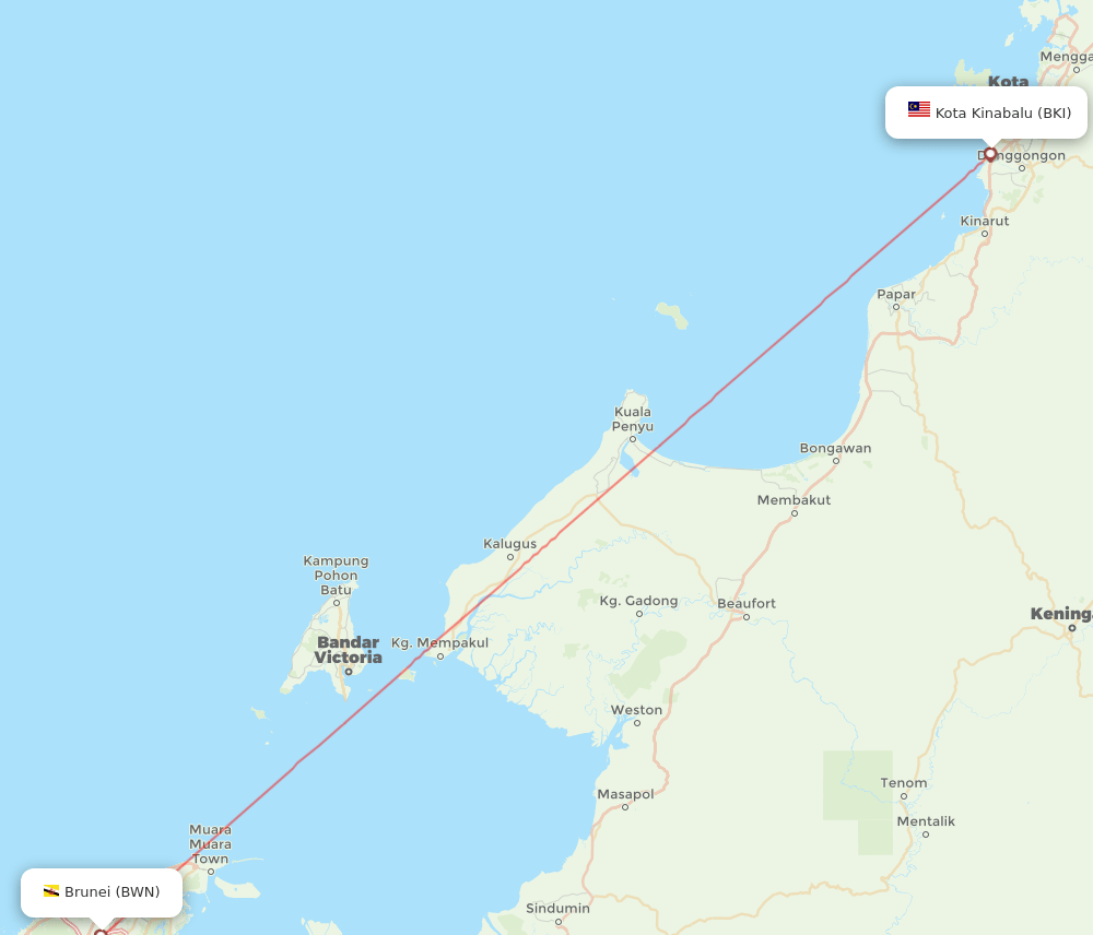 Kota Kinabalu - Bandar Seri Begawan route map and flight paths