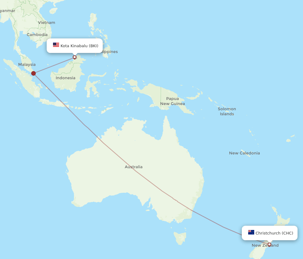 Christchurch - Kota Kinabalu route map and flight paths