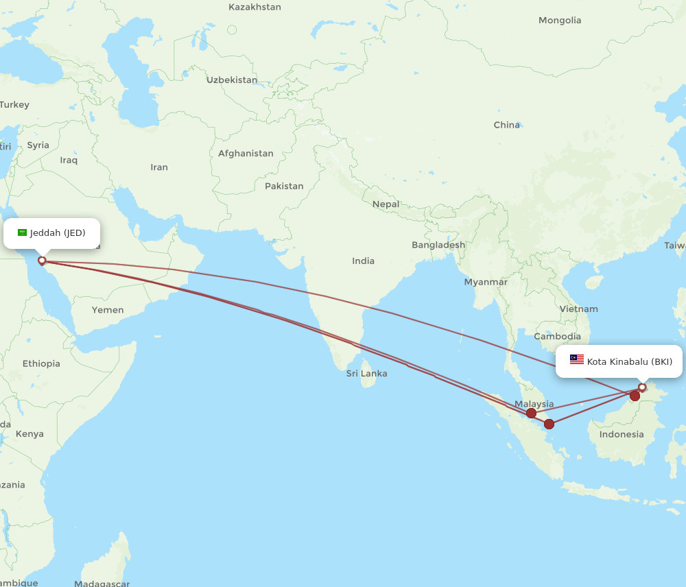 BKI-JED flight routes