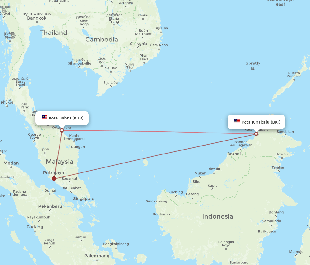 BKI-KBR flight routes