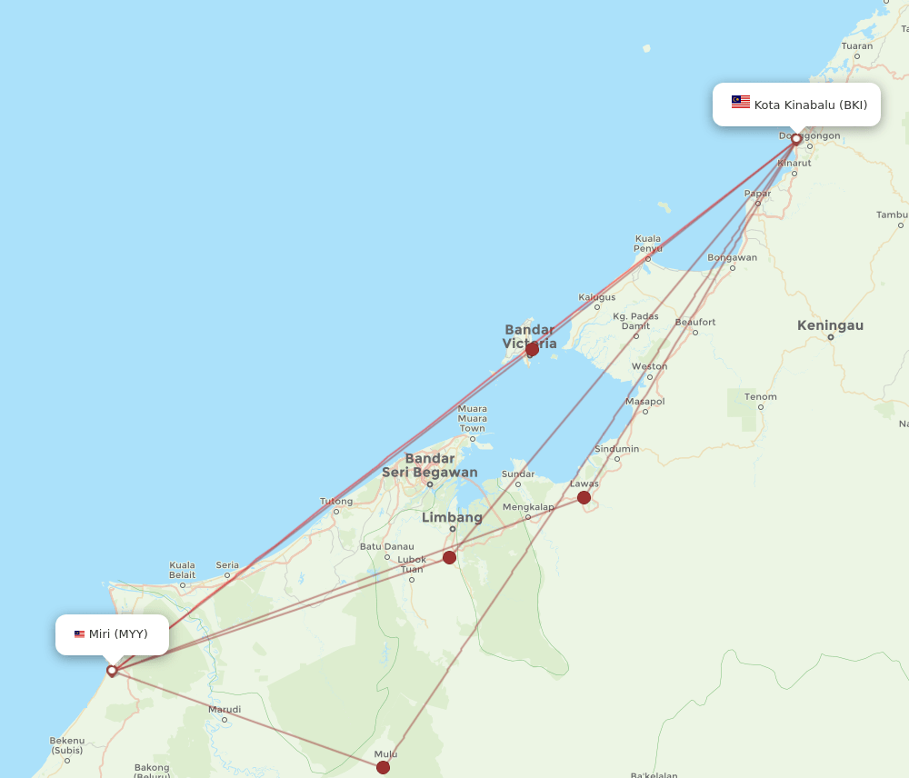 BKI to MYY flights and routes map