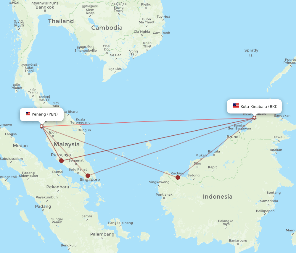 BKI-PEN flight routes