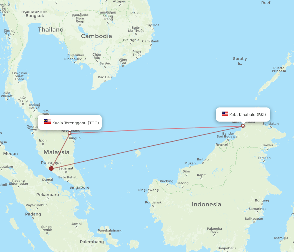BKI to TGG flights and routes map