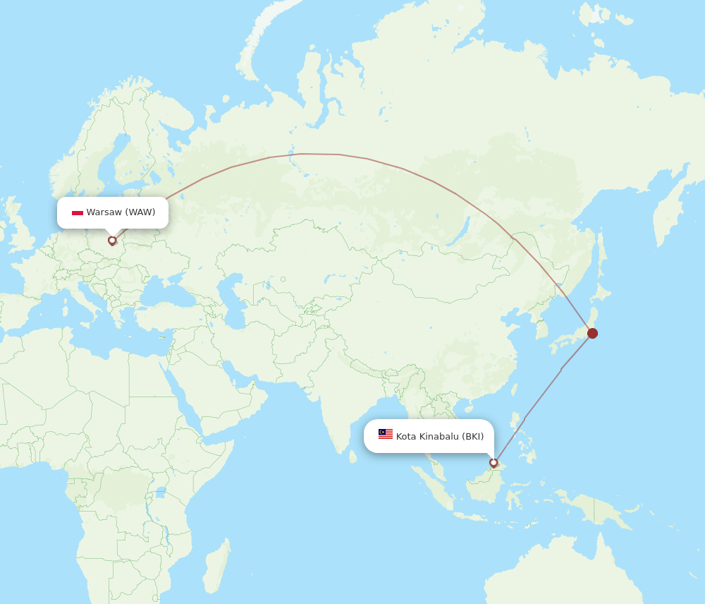 Kota Kinabalu - Warsaw route map and flight paths
