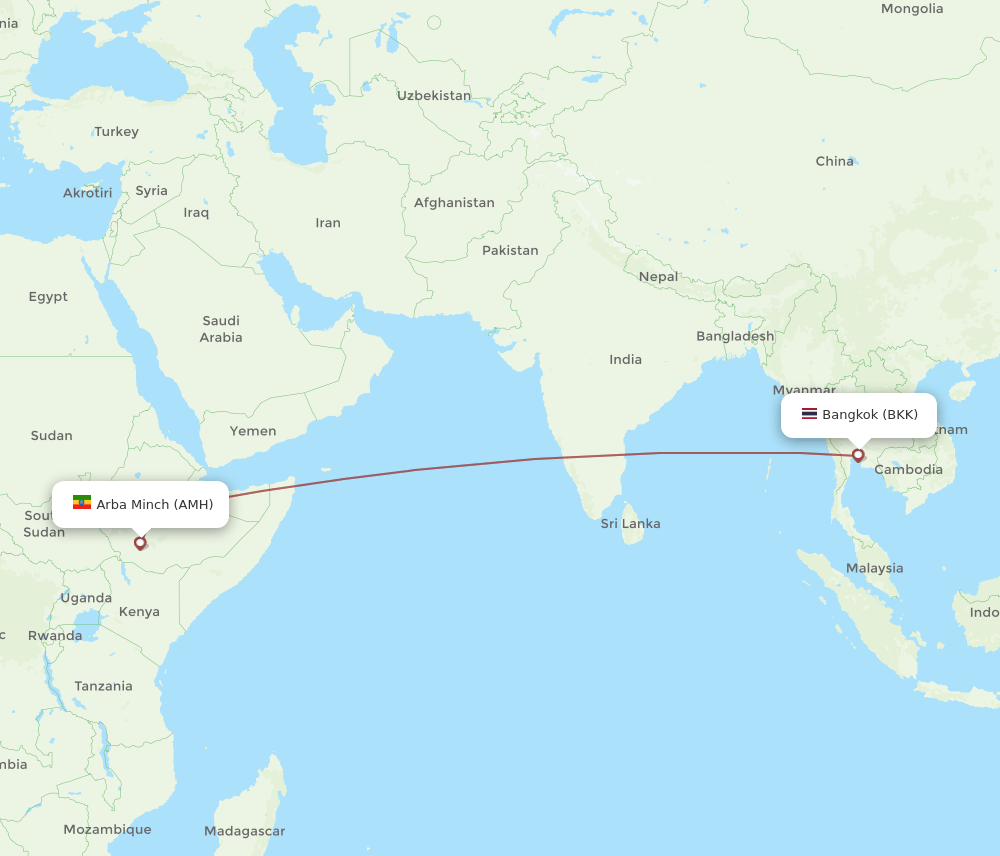 Arba Mintch - Bangkok route map and flight paths