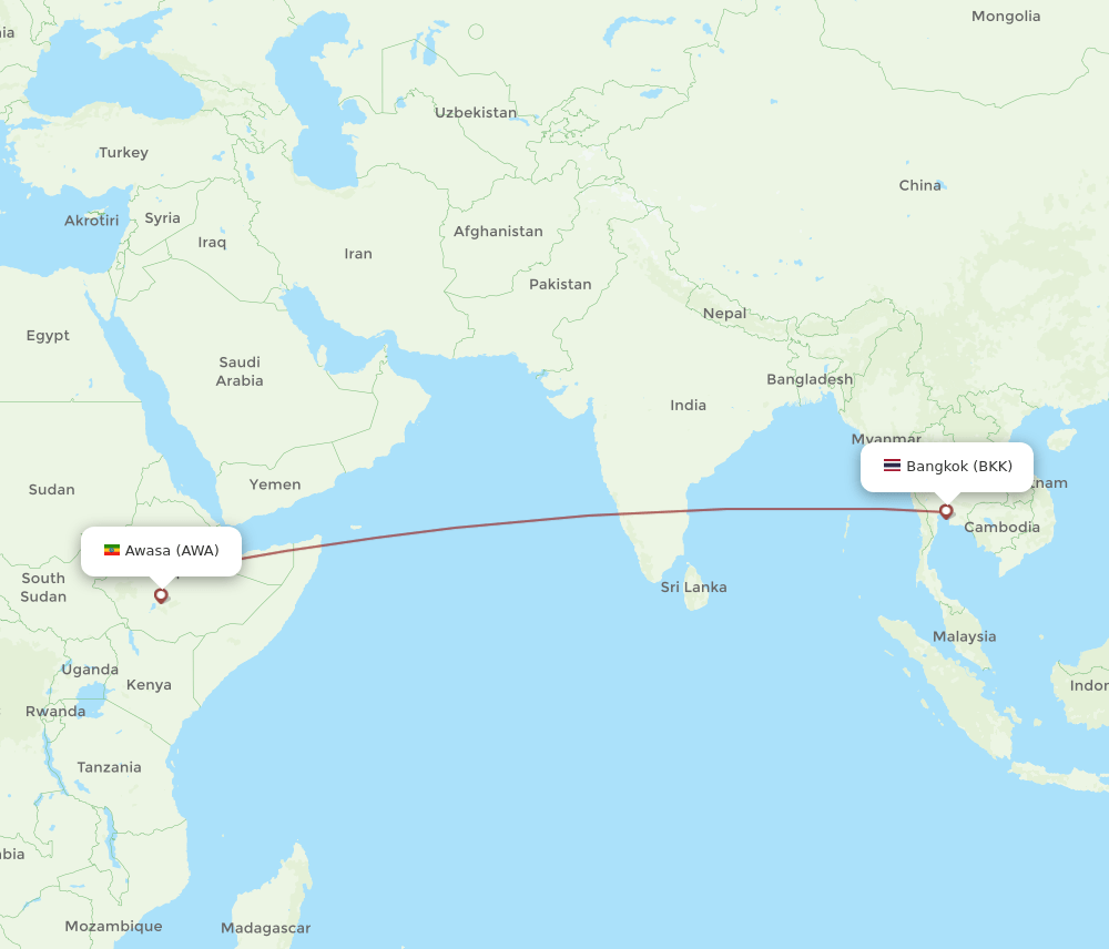 BKK to AWA flights and routes map