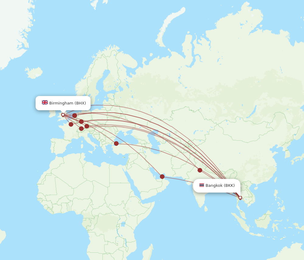 BKK to BHX flights and routes map