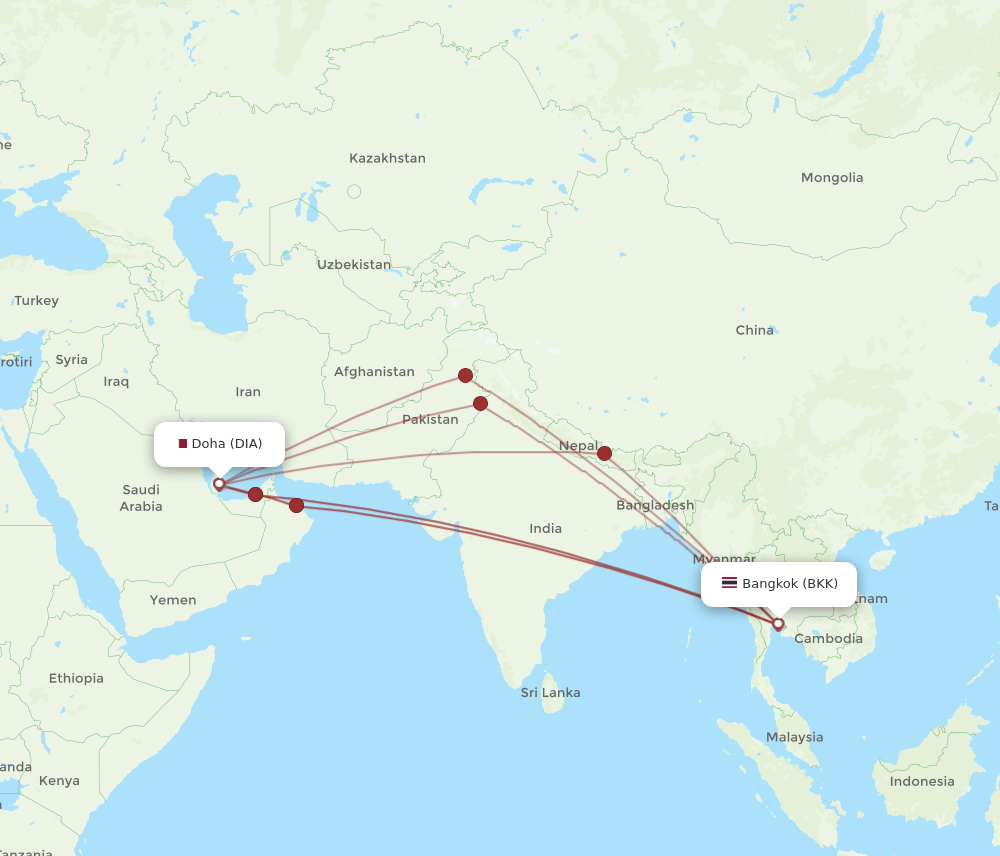 Bangkok - Doha route map and flight paths