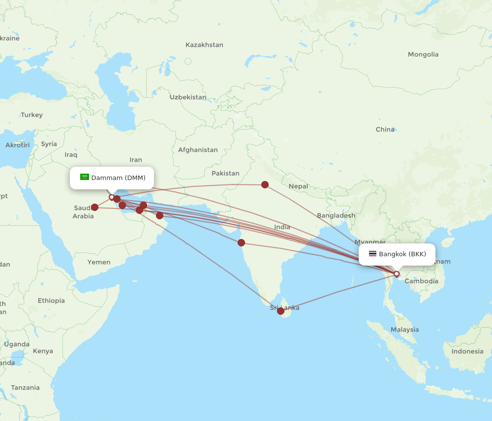 BKK to DMM flights and routes map