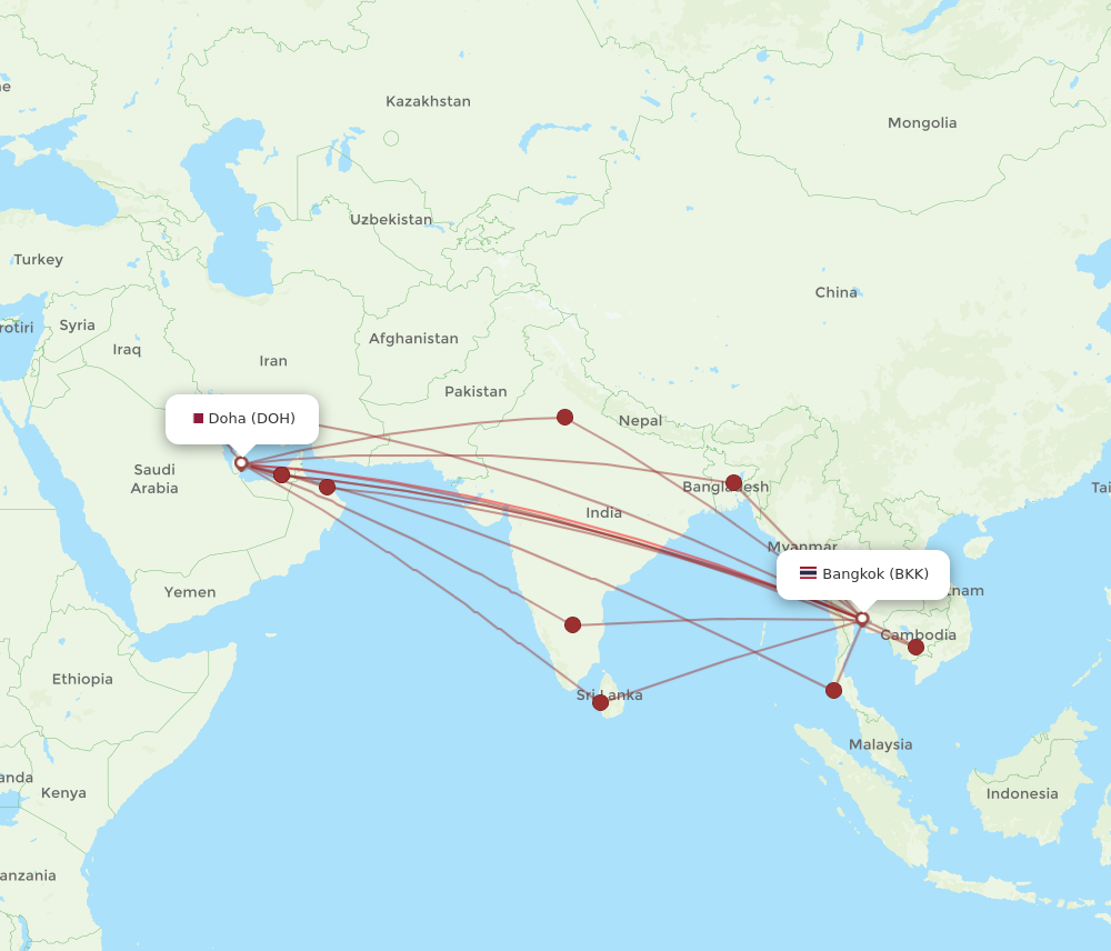BKK to DOH flights and routes map