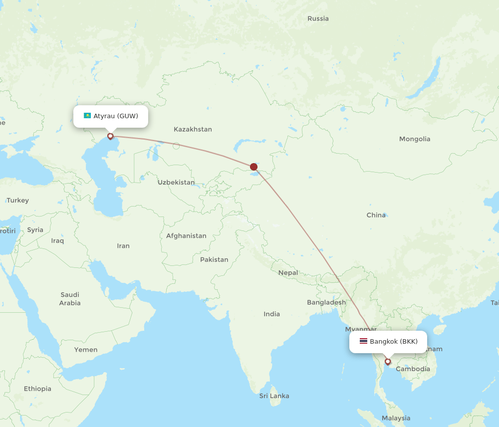 Atyrau - Bangkok route map and flight paths