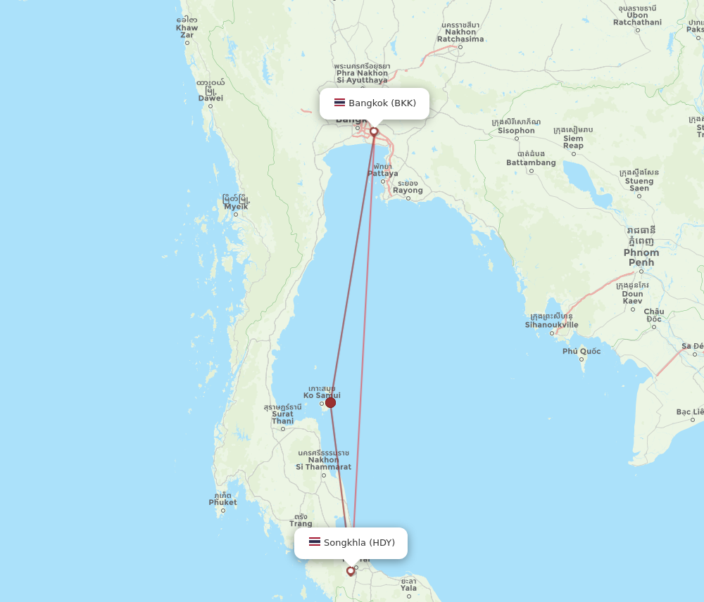 BKK to HDY flights and routes map