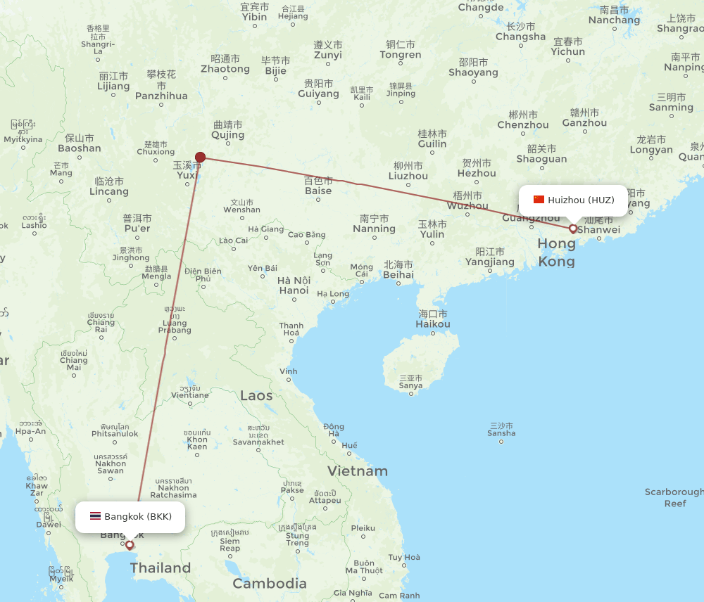 Huizhou - Bangkok route map and flight paths