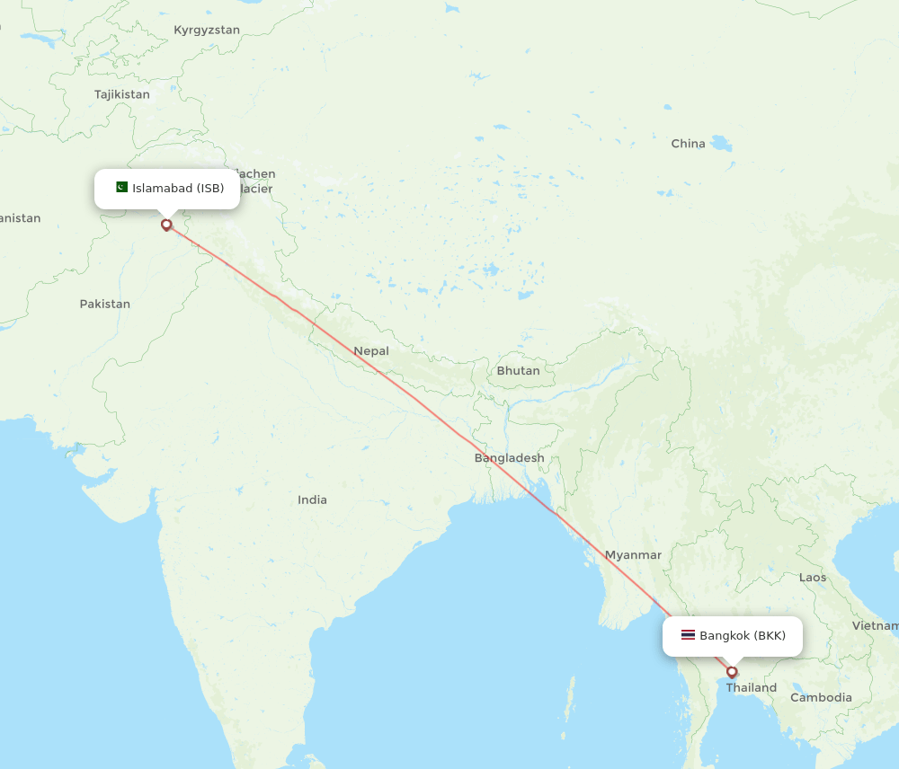 Bangkok - Islamabad route map and flight paths