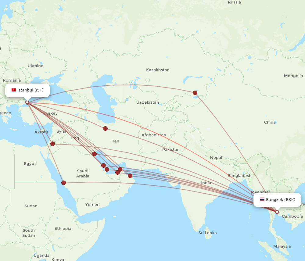 BKK to IST flights and routes map