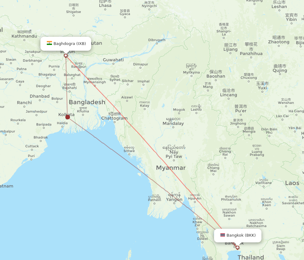 BKK to IXB flights and routes map