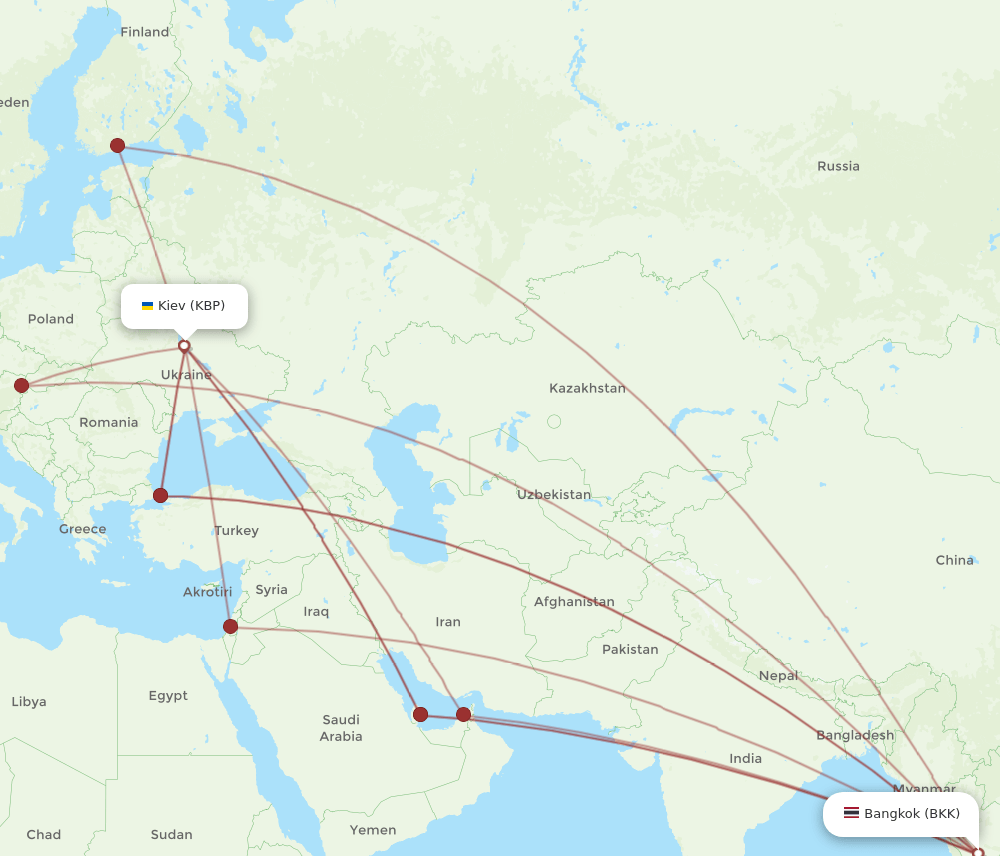 Bangkok - Kiev/Kyiv route map and flight paths