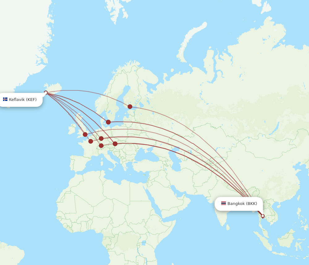 BKK to KEF flights and routes map