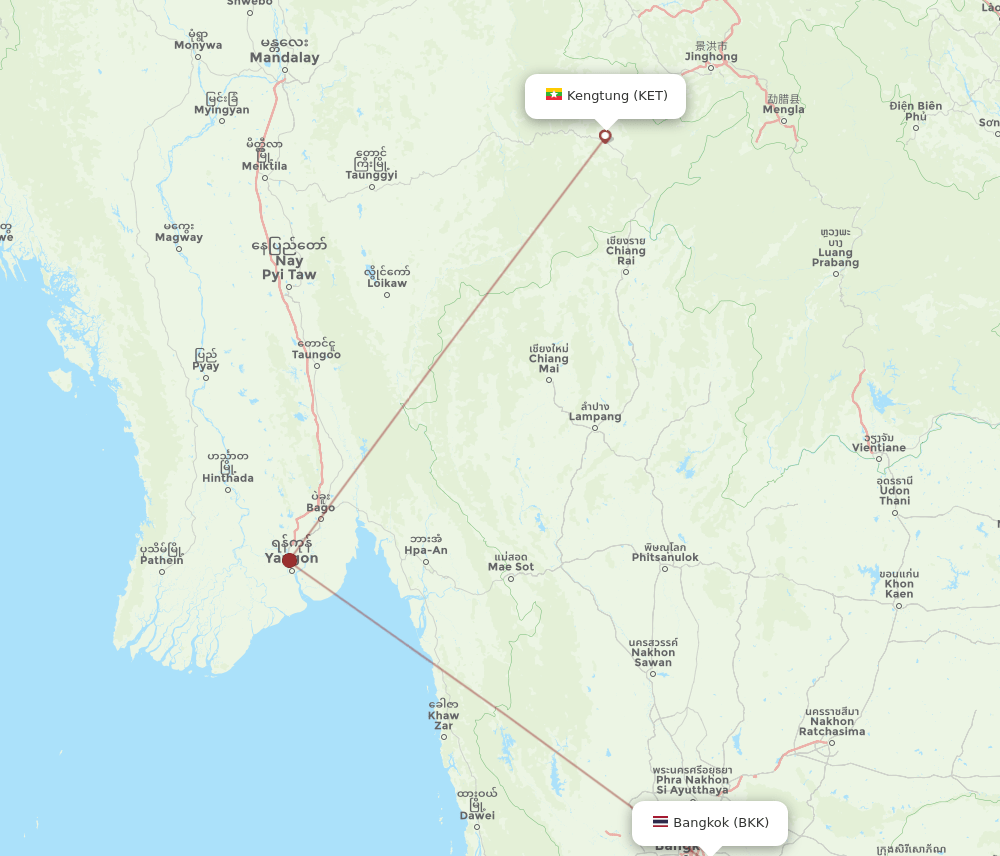 Keng Tung - Bangkok route map and flight paths