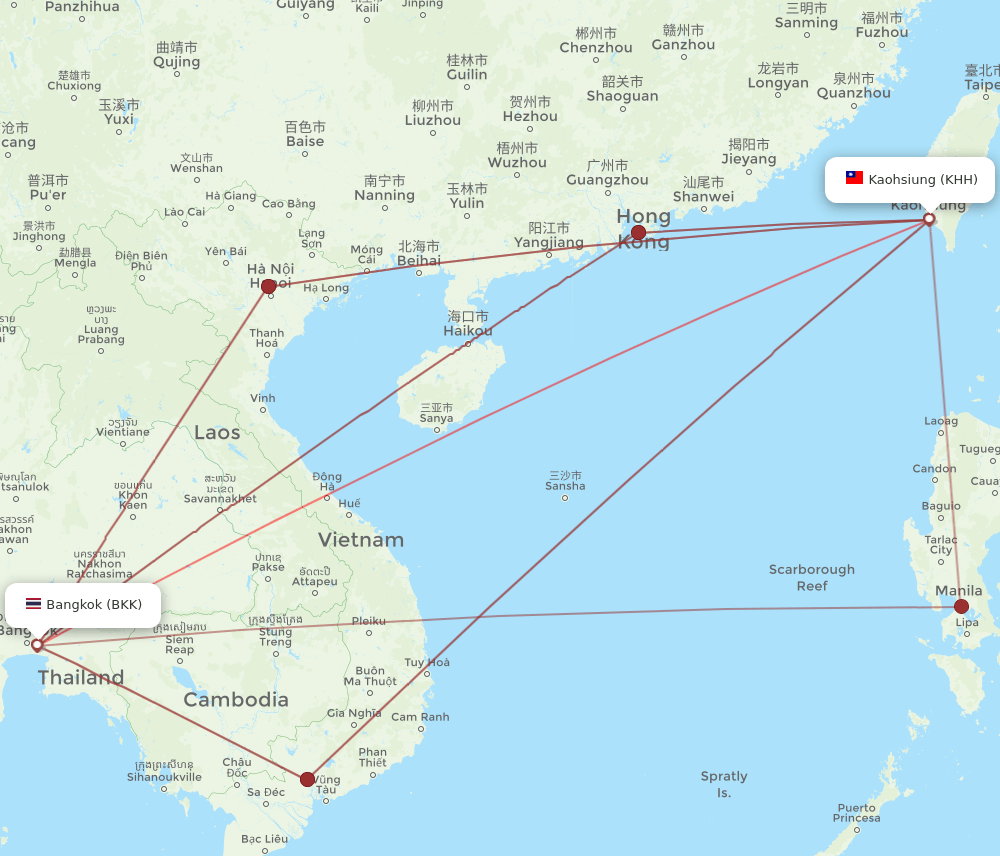 BKK to KHH flights and routes map