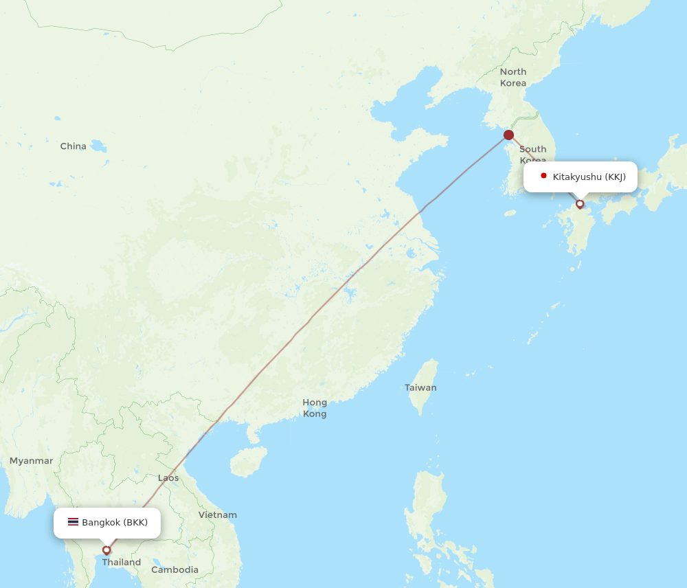 Kitakyushu - Bangkok route map and flight paths