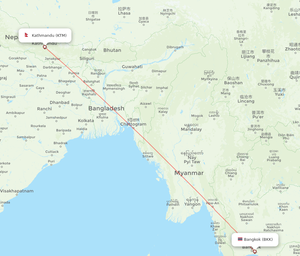 BKK to KTM flights and routes map