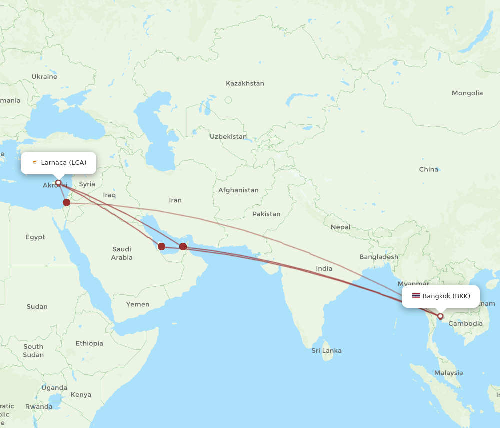 BKK-LCA flight routes